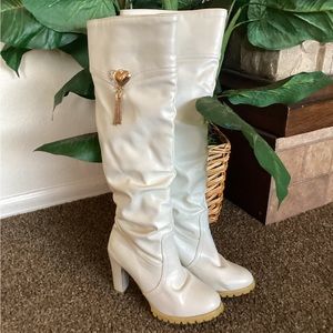 On SALE buy now White Knee Boots with gold and ringtones with gold chains.